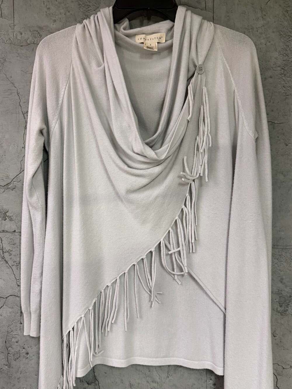 Lovestitch Fringe Wrap Sweater Size S Gray Cowl Neck Poncho Cardigan